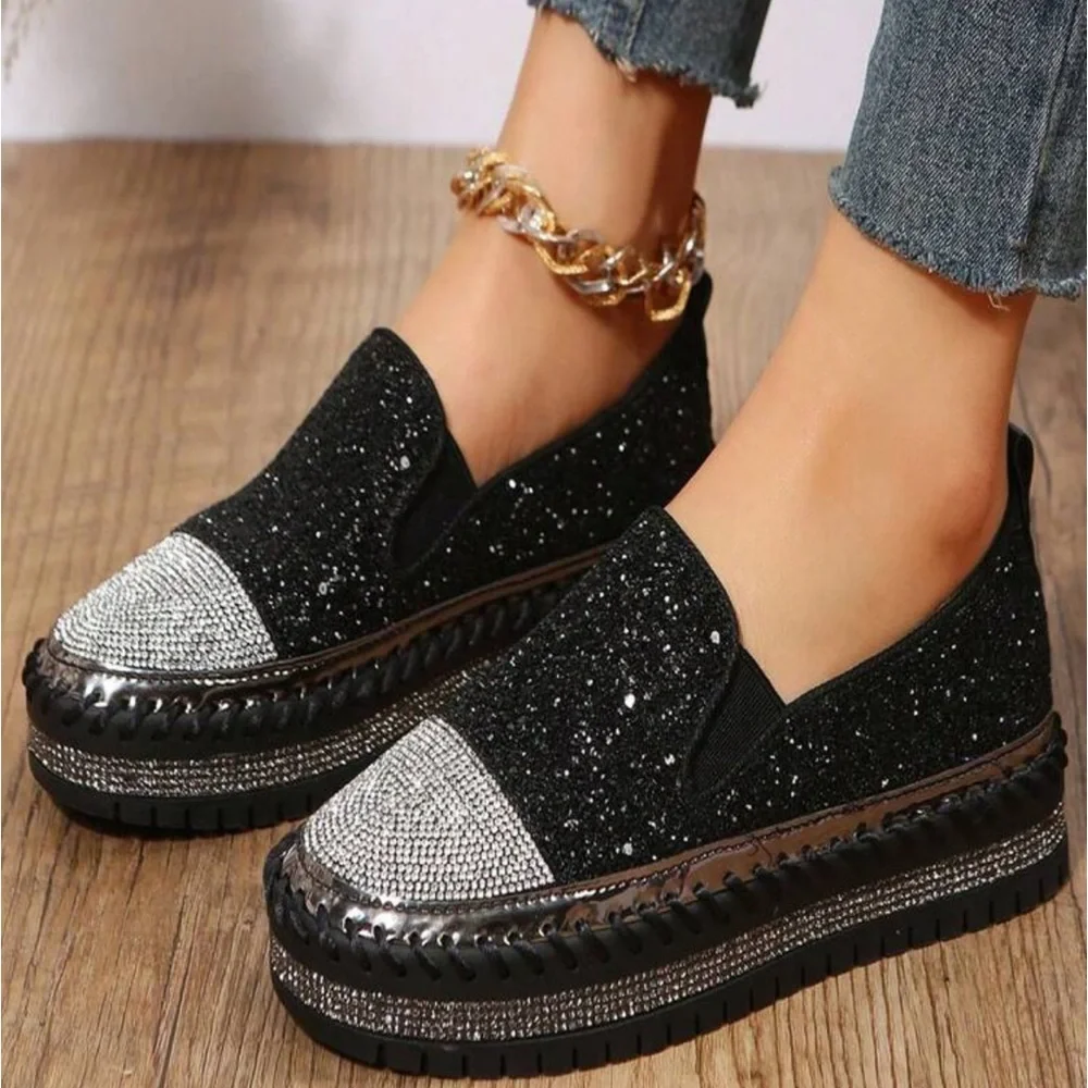 European And American Style Simple Slip-on Loafers With Sparkly Rhinestone